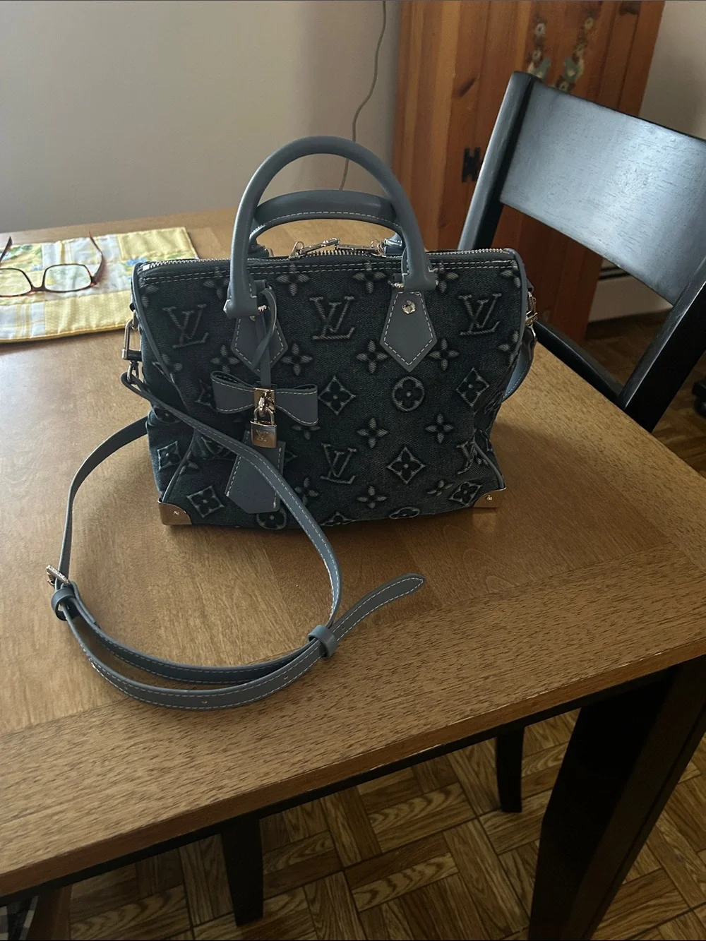 Dark Blue Denim Monogram Satchel with Shoulder Strap.  Size 25